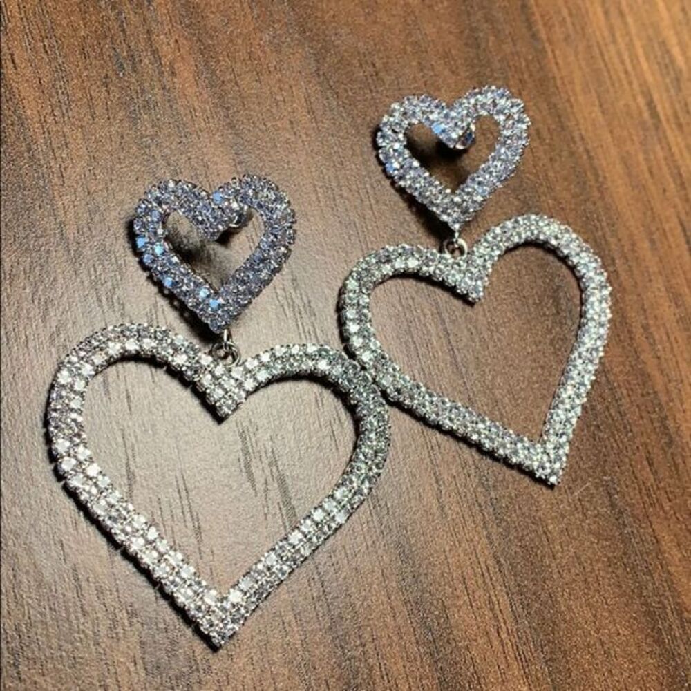 Rhinestone double open heart earrings